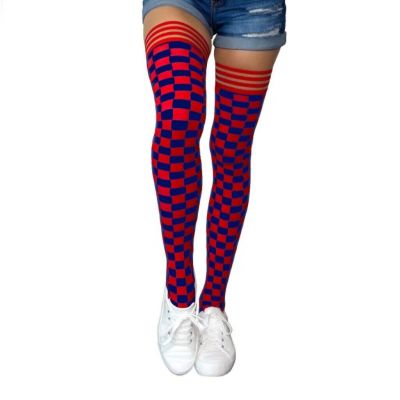 Kixies Game Day Red and Navy Thigh High Stockings No Slip Grips Size D NEW